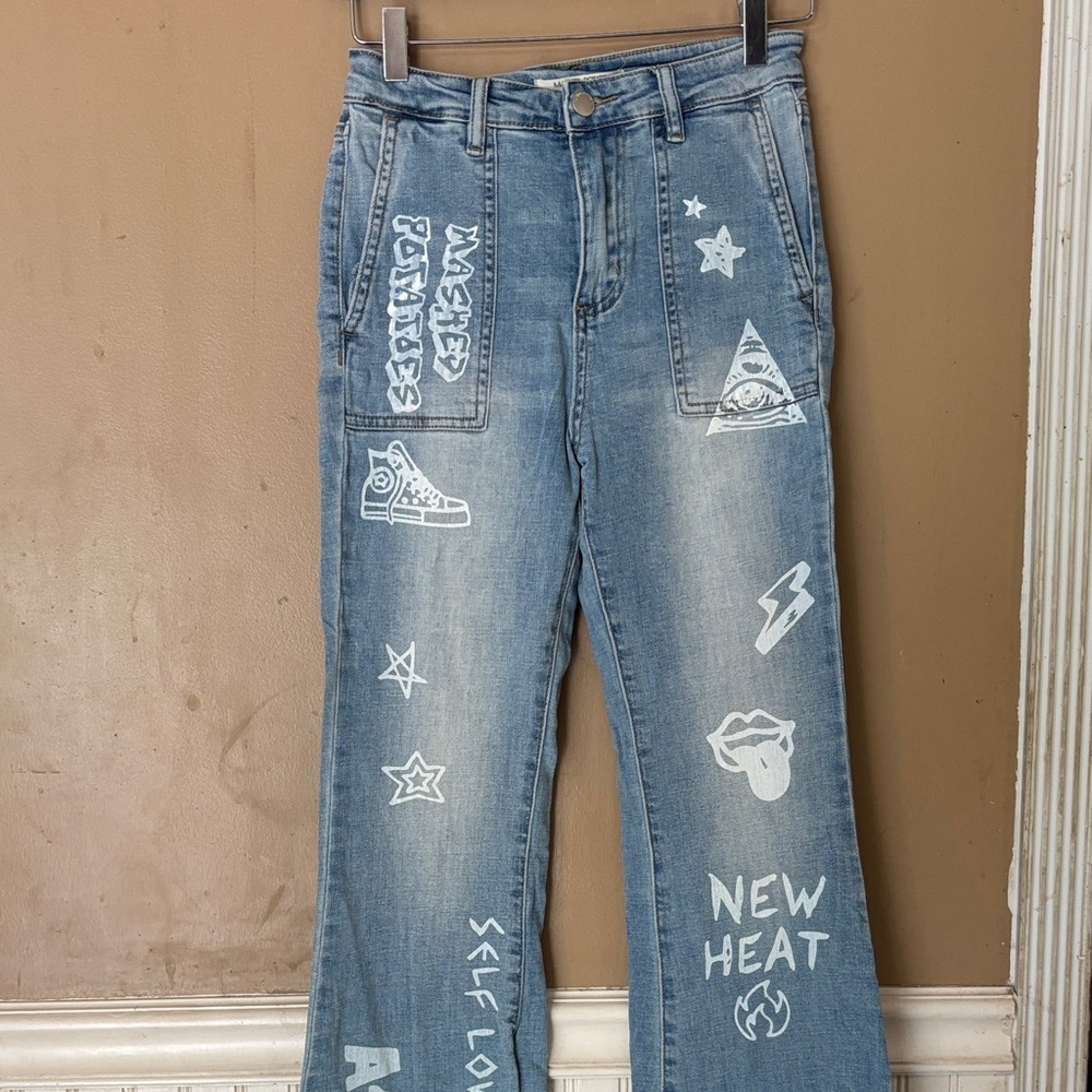Trendy Blue Graphic Flare Jeans